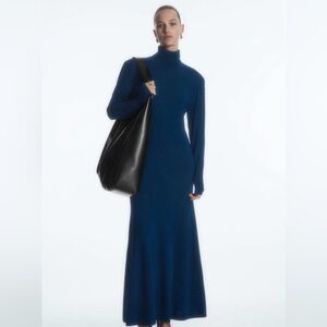 NWT COS Blue Power Shoulder Merino Wool Turtleneck Maxi Dress